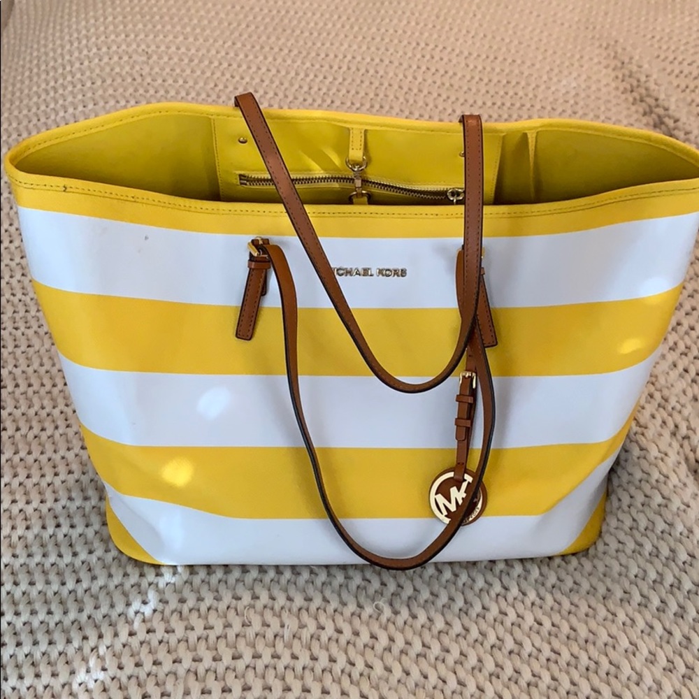 Michael kors yellow and white striped canvas tote